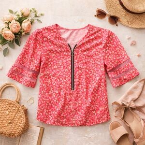 Pink Floral Zip Front Blouse XL | Short Sleeve Sheer Stripe Detail Top